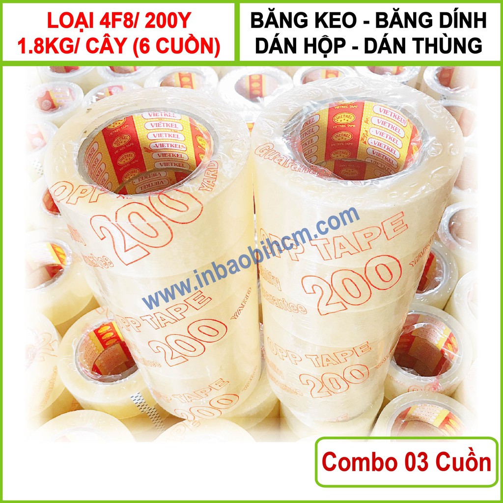 3 Cuộn Băng keo dán thùng - Loại 1.8kg/ Cây (6 cuộn) - Bản 4F8 - (InbaobiHCM - Thùng giấy - Hộp giấy carton giá rẻ)