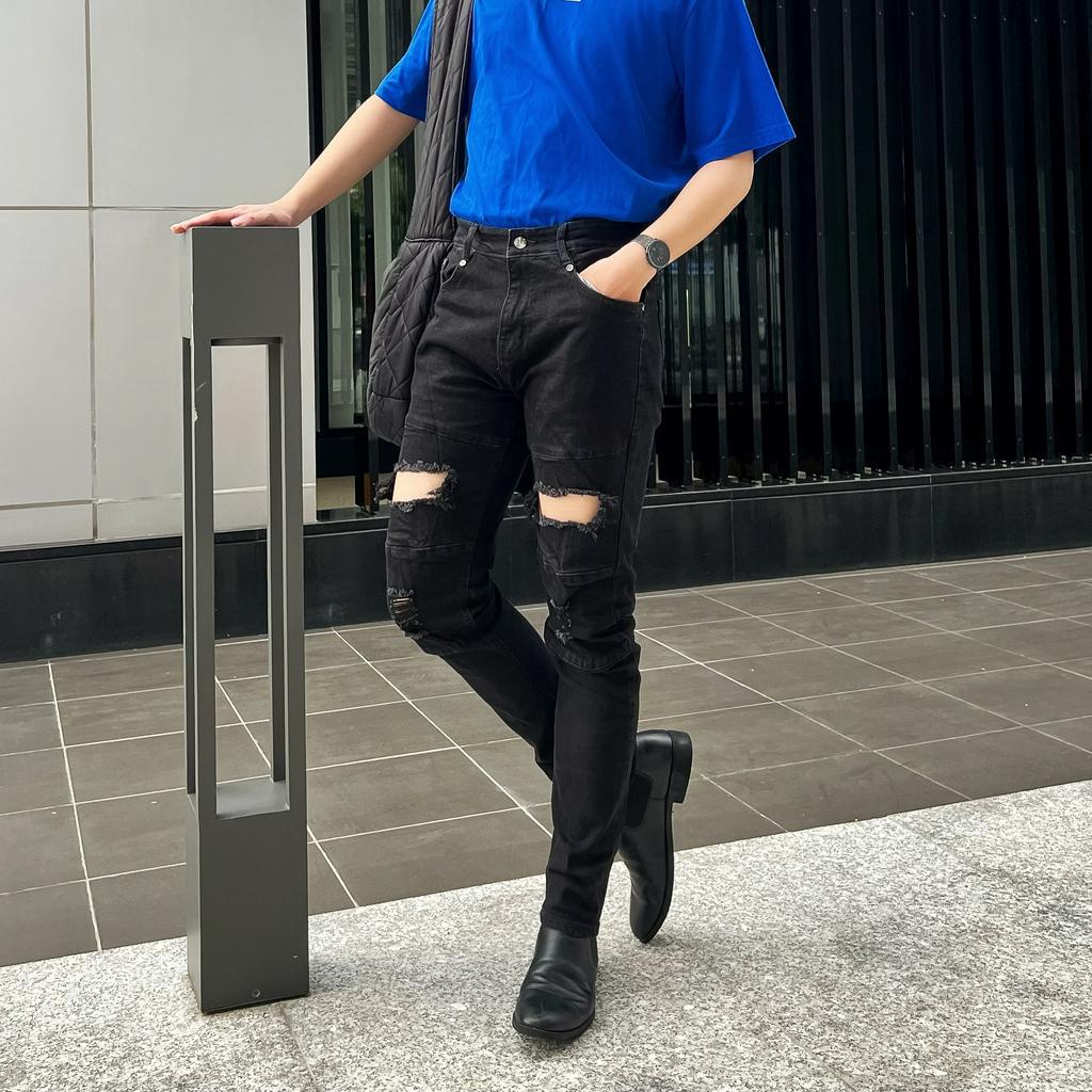 Quần jean nam rách gối xanh zipper (QJ3)