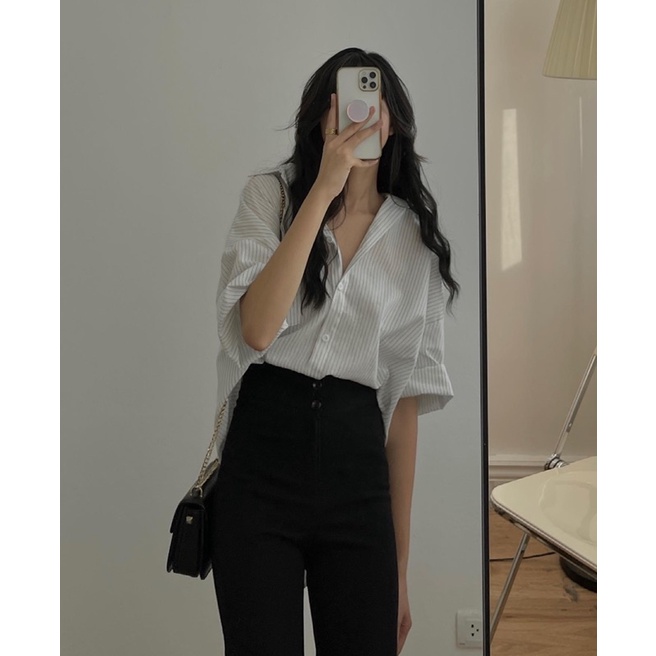 [ẢNH THẬT/SẴN] ÁO SƠMI SỌC KẺ TAY LỠ FORM OVERSIZE/Áo sơmi kẻ nhỏ tay lỡ style ulzzang