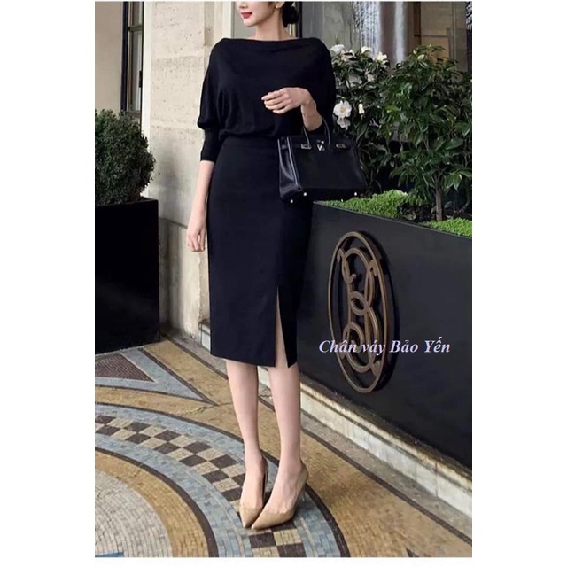 Chân váy bút chì suông 60cm xẻ đùi màu đen( sẵn size)- M50