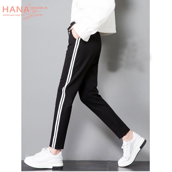 Quần Jogger thể thao nữ viền kẻ 2 sọc trắng có túi dây rút màu Đen - Quần jogger nỉ dài vải Umi co giãn tập gym thể dục