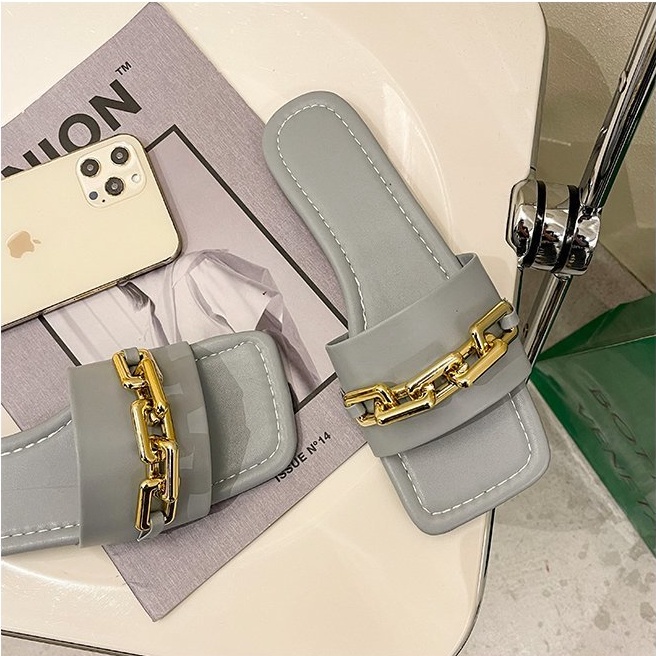 Dép nữ quai ngang quai da cao cấp viền xích vuông cực đẹp sang chảnh HOT NHẤT 2021, dép lê nữ đẹp mang êm chân