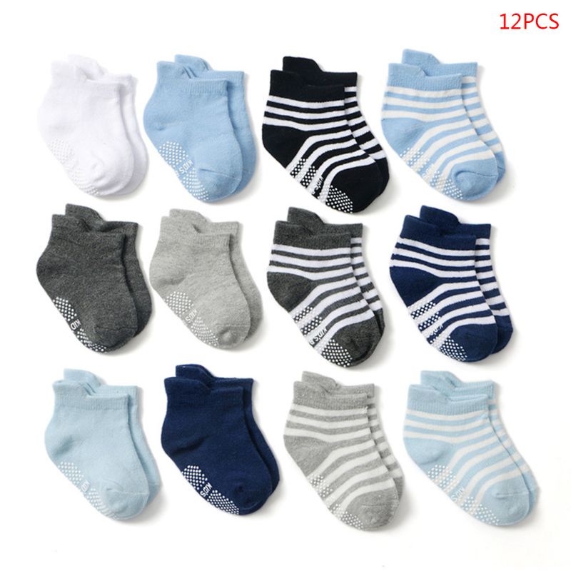 Set 12 đôi vớ cotton co giãn chống trượt phong cách thể thao cho bé
