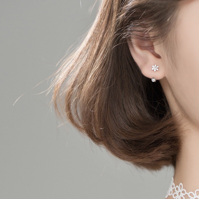 Khuyên tai bạc nữ Aura, bông tai hoa đính đá bi xoáy-AURASILVER-KT31