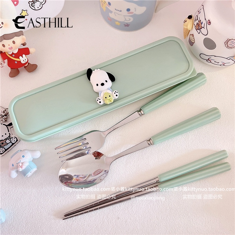 SANRIO Bộ Muỗng Đũa Nĩa Kèm Hộp Đựng Bằng Thép Không Gỉ In Hình Cinnamoroll Kitty Cinnamoroll Dễ Thương
