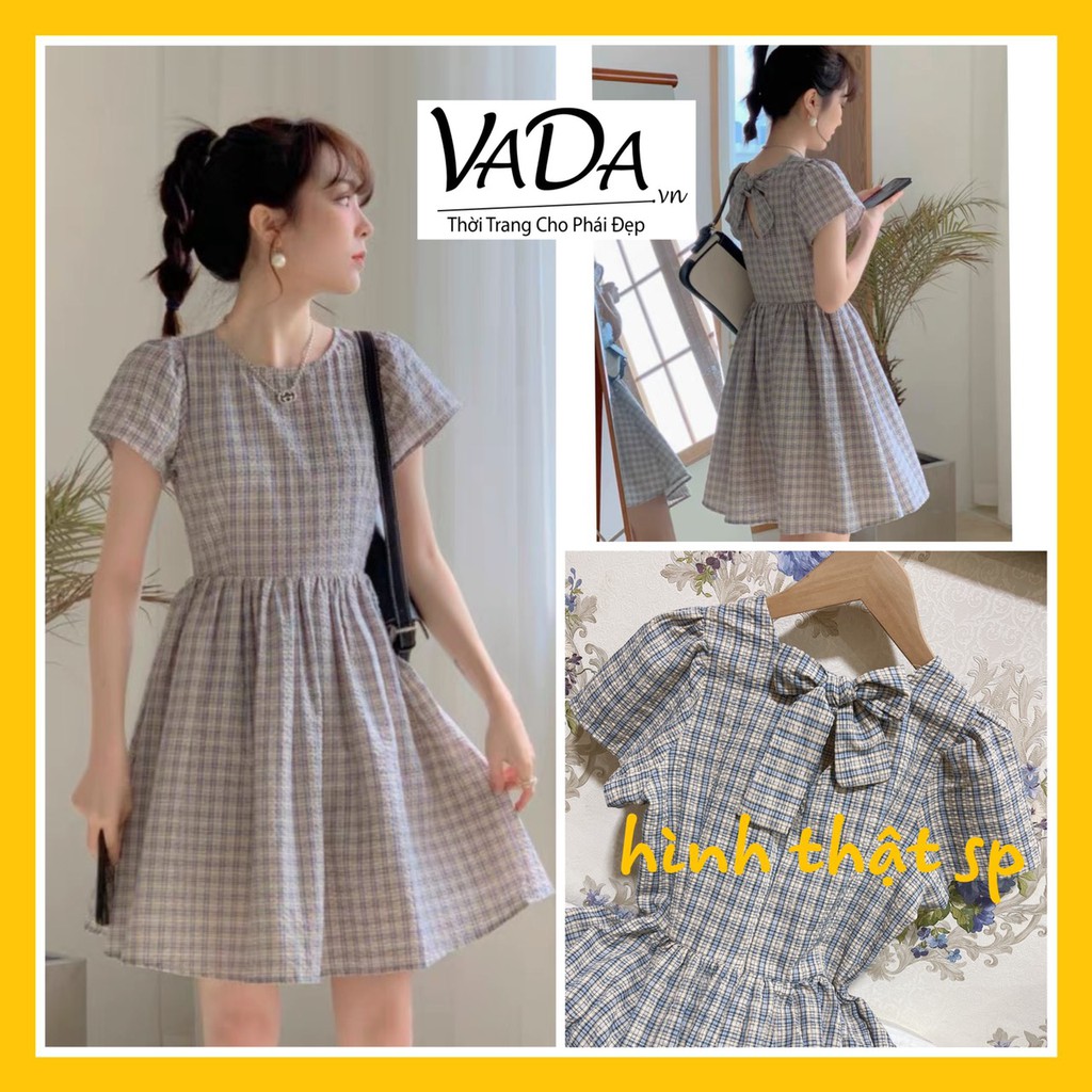 Đầm xòe caro , nơ sau kiểu tiểu thư xinh yêu dễ thương, dự tiệc cưới đi chơi , dạo phố Thời Trang VADA - Đ125 | BigBuy360 - bigbuy360.vn