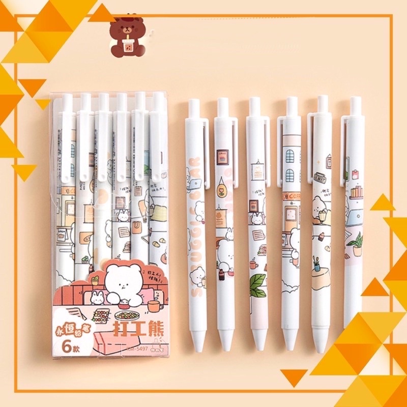 Hộp 6 Bút Bi MOKA Bear Gấu 0.5Mm - Thiết Kế Dễ Thương Hàn Quốc