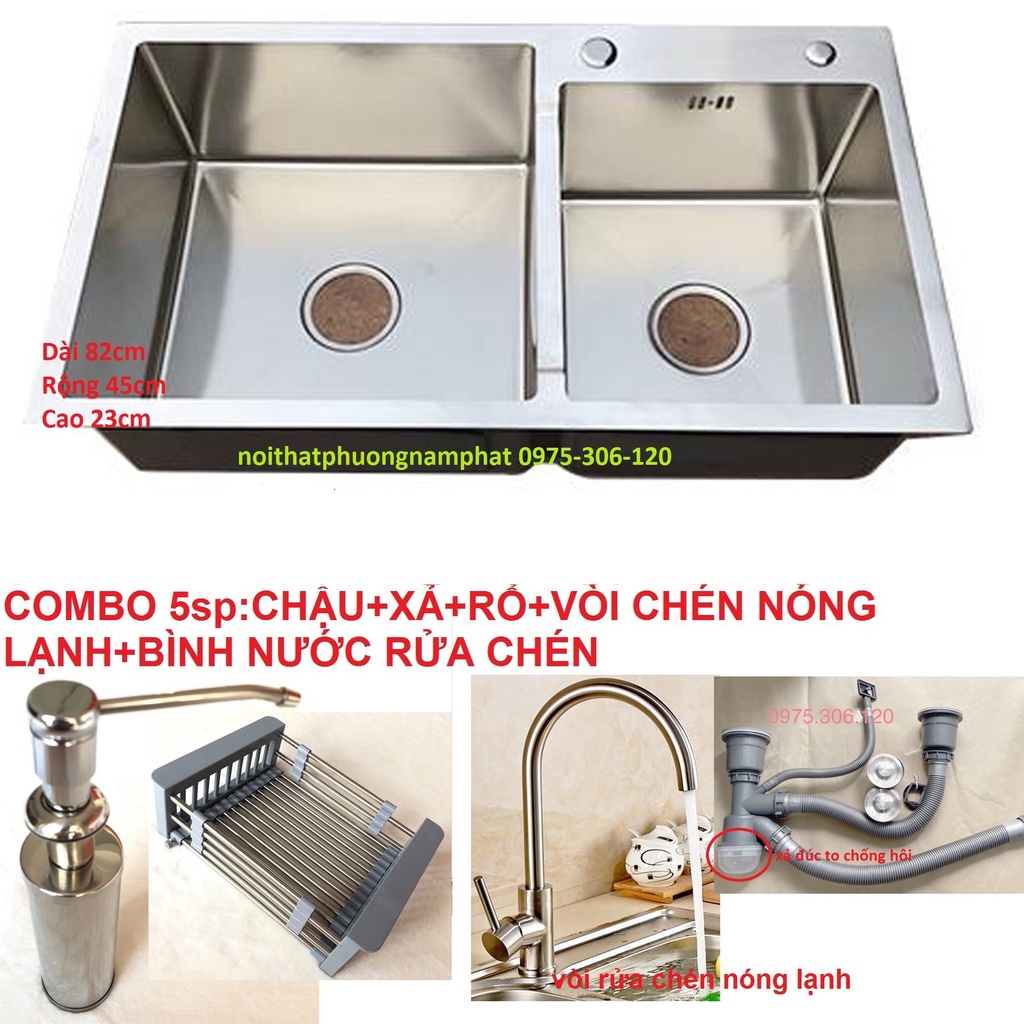 [CHẬU ĐÚC} Chậu Rửa Chén Bát INOX SUS 304 N7 8245 NA.GRAND và xả chậu và Rổ rút và Vòi chén nóng lạnh và Bình rửa chén