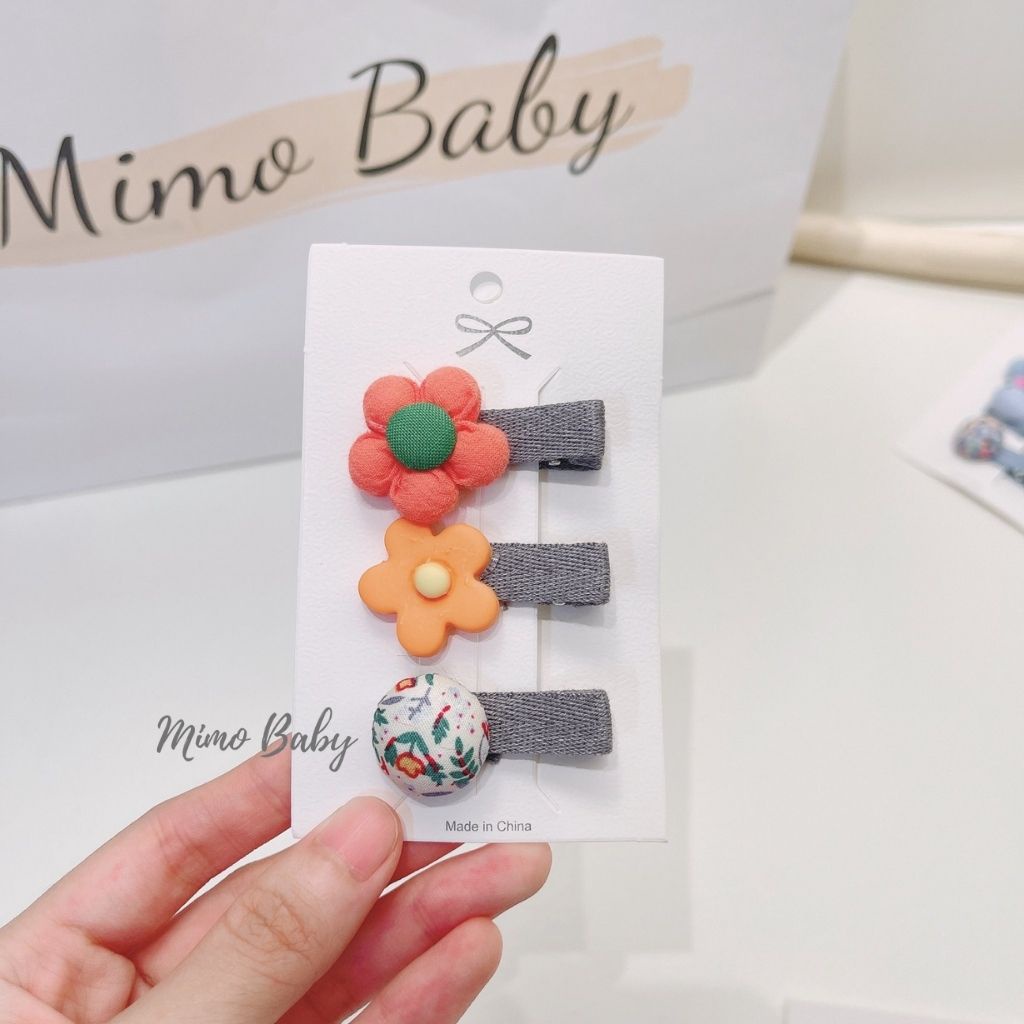 Set 3 kẹp tóc bọc vải gắn hình hoa dễ thương cho bé gái KT33 Mimo Baby