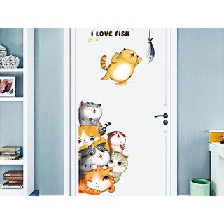 Decal dán tường Hàn Quốc trang trí nhà cửa, quán cafe, văn phòng - Bầy mèo bắt cá