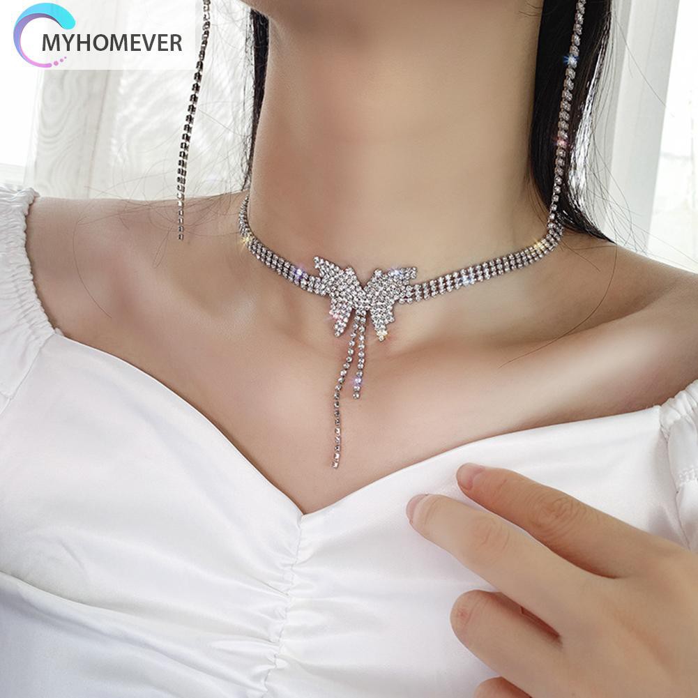 Vòng cổ choker mặt hình bướm đính kim cương giả dạng tua rua thanh lịch