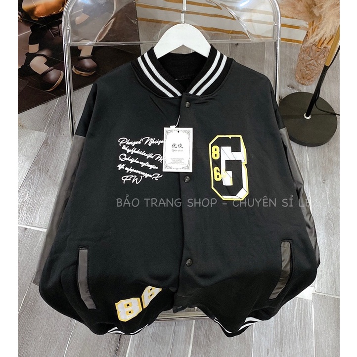 Áo Khóac Form Rộng Nhung Tăm Phối tay da Jacket Chữ G - Màu Đen