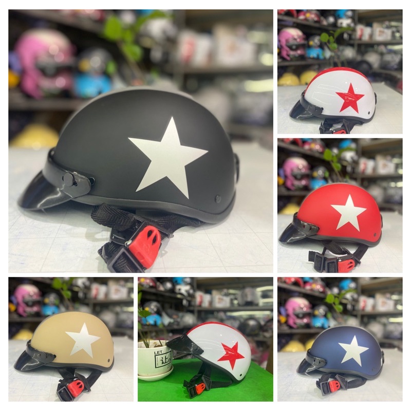 Mũ bảo hiểm nửa đầu ,1/2 hình ngôi sao có thể kết hợp với kính uv ,kính phi công nhiều màu mẫu mới 2021