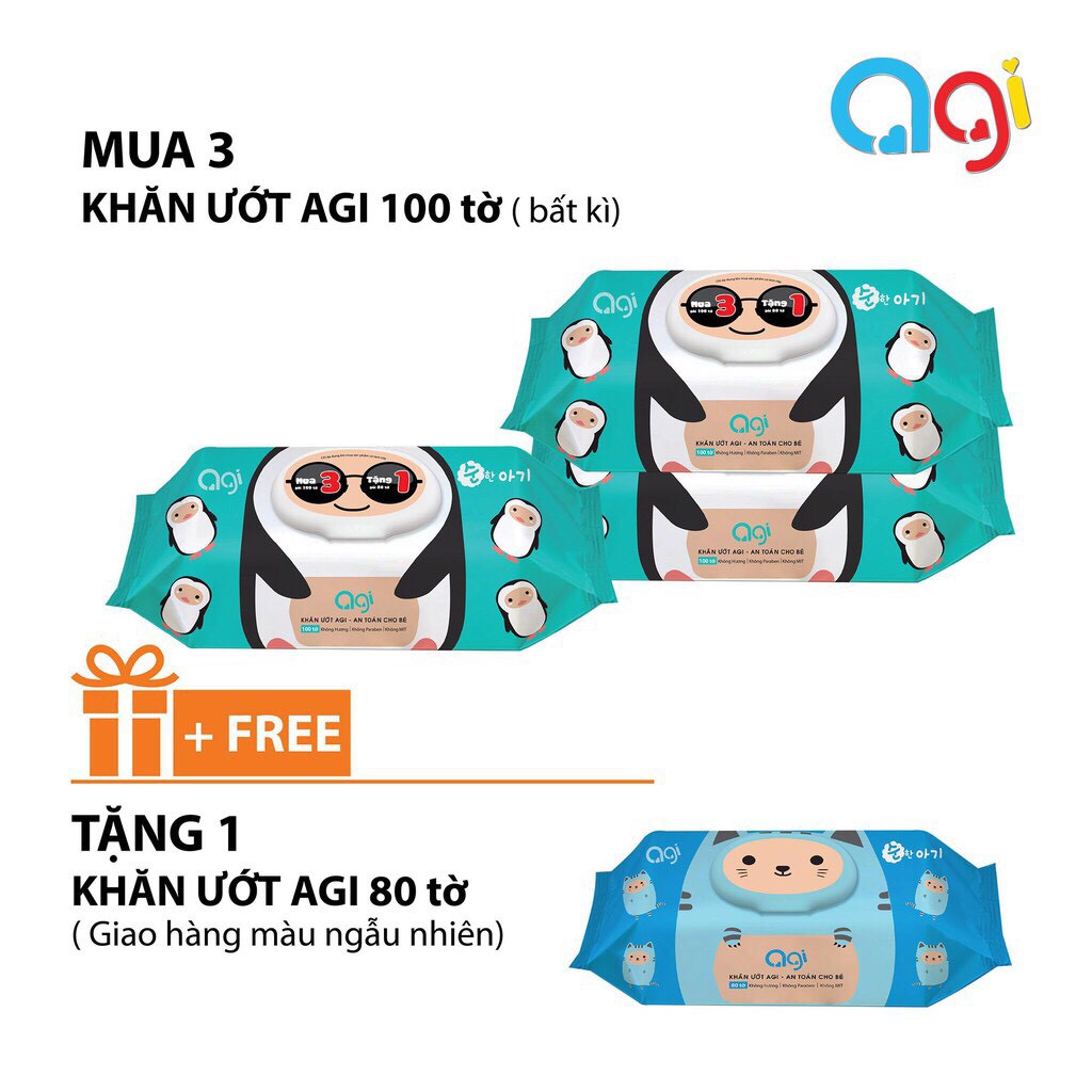 Combo 3 khăn ướt Agi 100 tờ/gói không hương + Tặng 1 khăn ướt Agi 80 tờ/gói