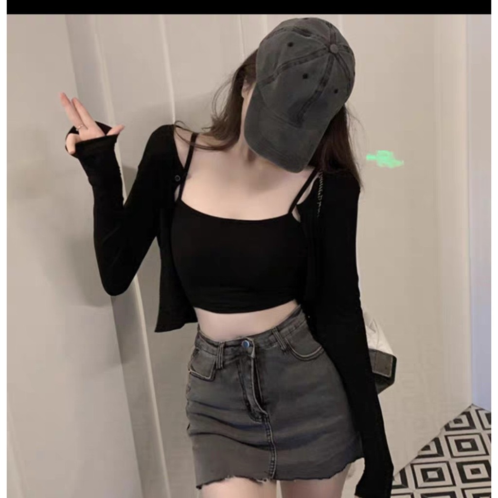(Ảnh thật + clip) Set áo 2 dây croptop , áo cardigan len dệt kim | BigBuy360 - bigbuy360.vn