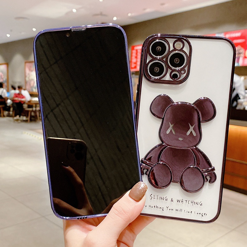 Ốp điện thoại trong suốt mạ viền in hình gấu 3D nổi cho iPhone 13  12  11 X XS 8 7 Plus PRO / MAX