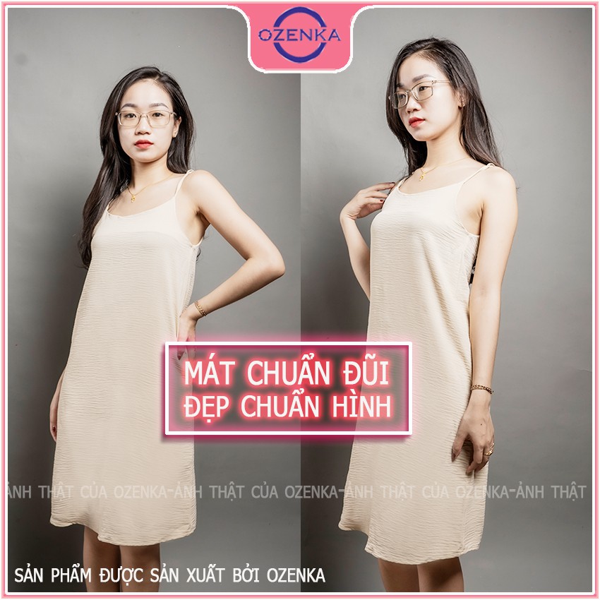 Váy 2 dây suông dáng dài ngang gối OZENKA , đầm maxi đi biển chất đũi hăn mịn nhẹ mát màu đen da mint be VD 451