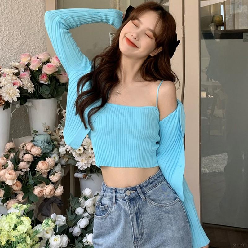 ⊙Set Áo Hai Dây + Khoác Cardigan Màu Trơn Phong Cách Hàn Quốc Gợi Cảm Cho Nữ