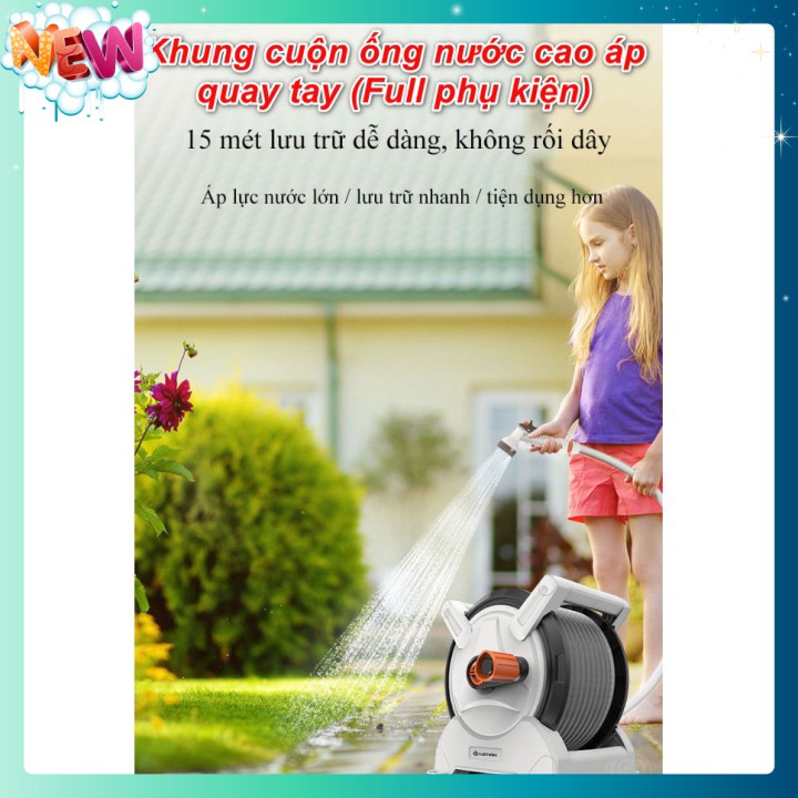 🇳 🇪 🇼®️ Khung cuộn ống nước cao áp quay tay 15 mét (Full phụ kiện)