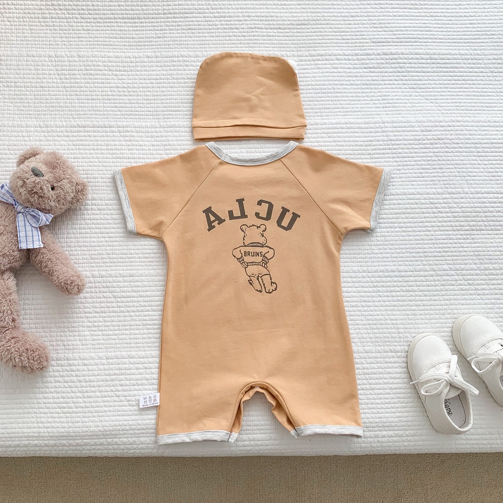 Bộ Áo Liền Quần 2 Mảnh Tay Ngắn In Chữ + Mũ Cho Bé Sơ Sinh 0-24 Tháng Tuổi