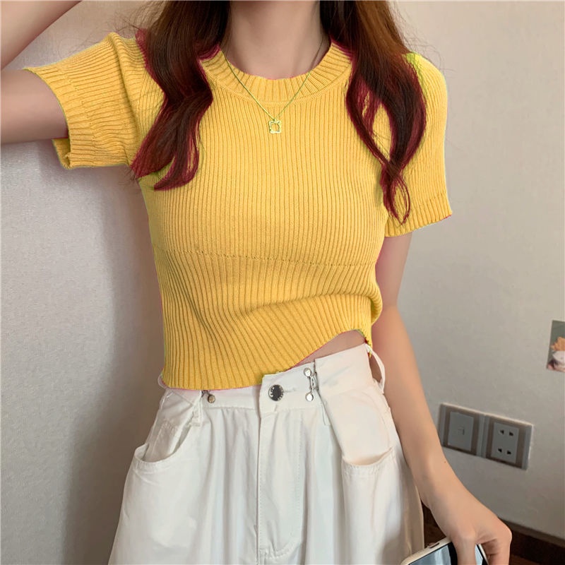 AMOI Áo Sweater Ngắn Tay Màu Sắc Đơn Giản Phong Cách Hàn Quốc 2022 Cho Nữ