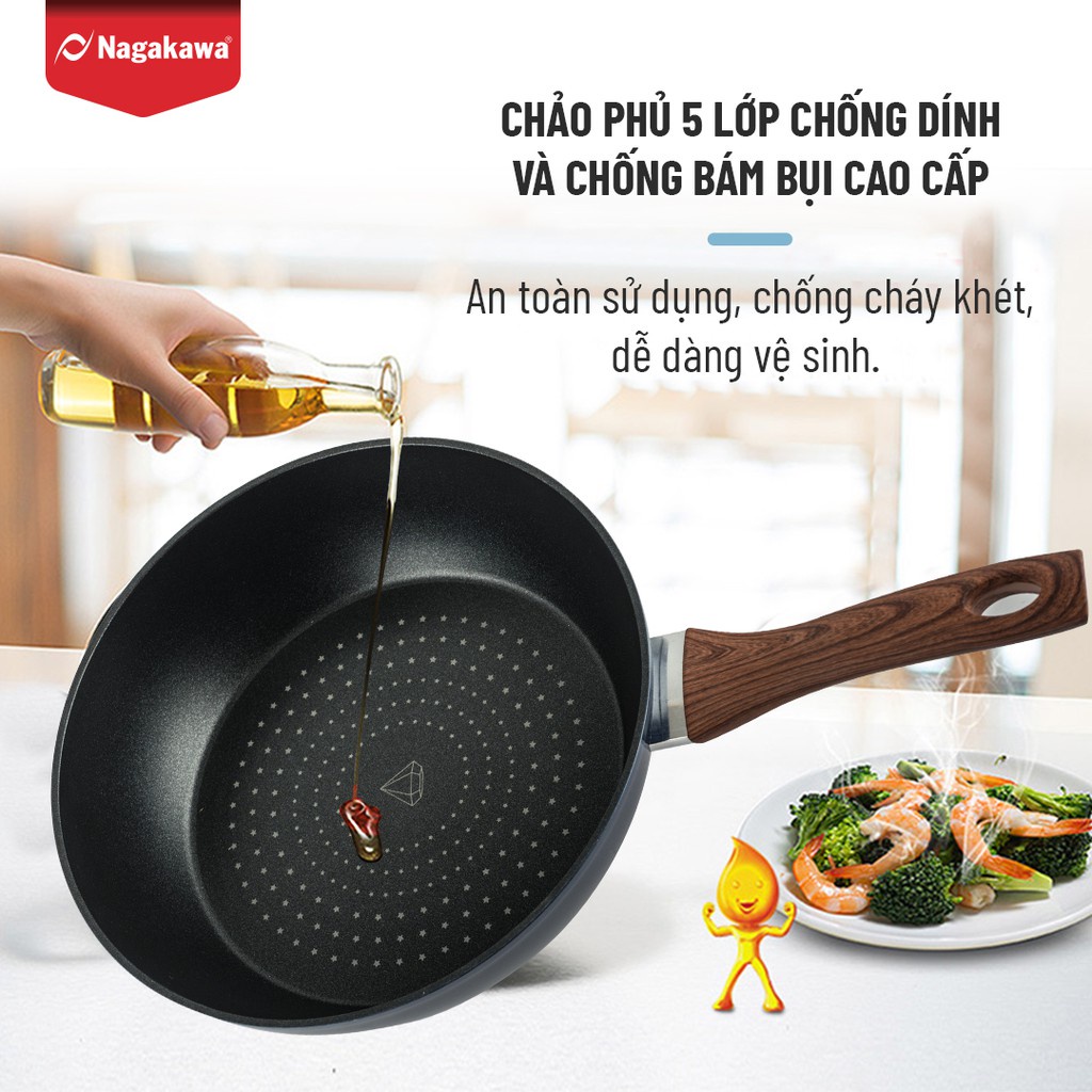 COMBO Bộ nồi inox 304 Nagakawa NAG1306 (16cm, 20cm, 24cm) và chảo chống dính sâu lòng kim cương đáy từ NAG2853 (28cm)