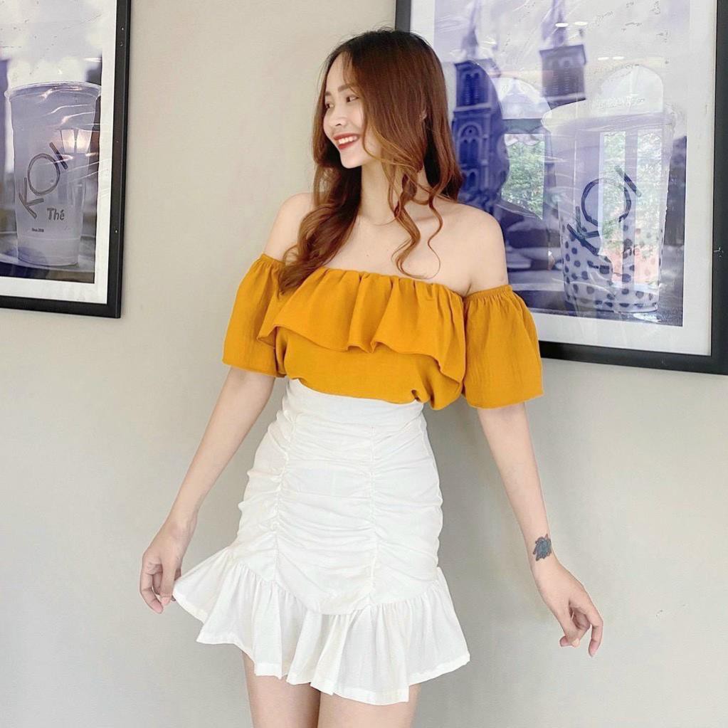 Áo trễ vai bèo vải voan, Áo croptop trễ vai dành cho nữ đủ màu, áo hở vai bèo tay vải voan nhẹ nhàng 💝