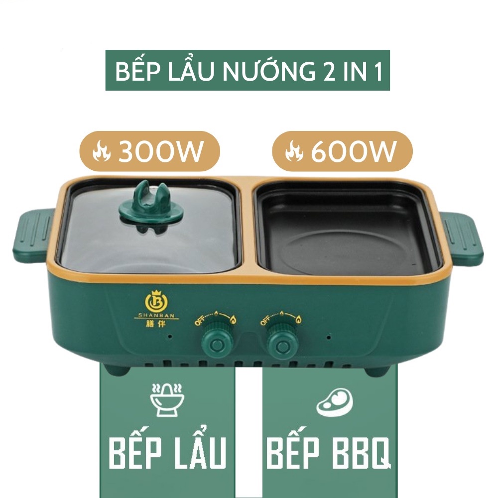 Bếp Lẩu Nướng Mini 2 Ngăn SHABAN Cao Cấp 2 In 1 Siêu Chống Dính, Đa Năng, Tiện Lợi, Bảo Hành 12 Tháng