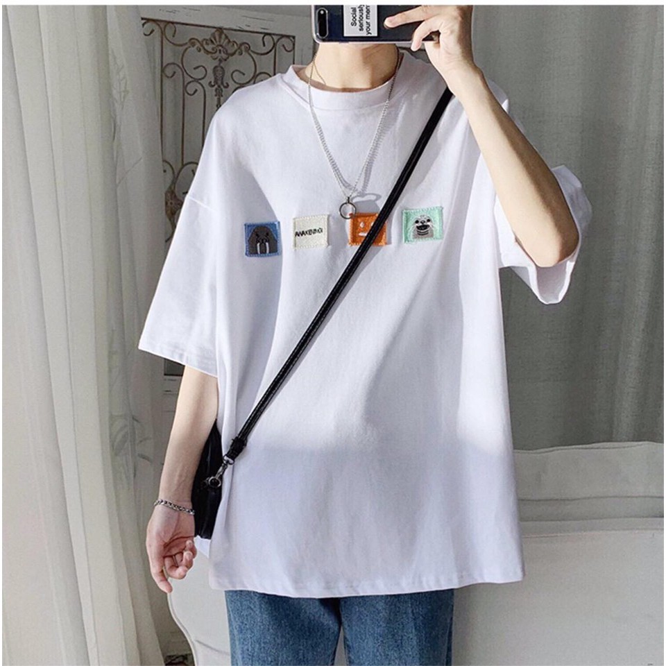 Áo phông nam nữ form rộng 2N Unisex thun cotton thêu 4 logo màu trắng/xanh/xám chì