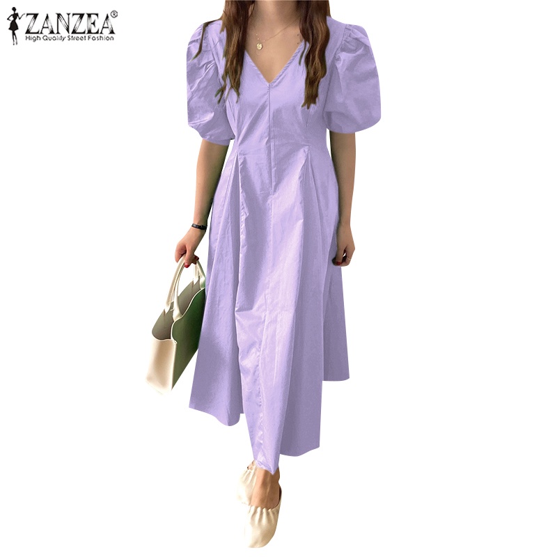 Đầm Zanzea tay phồng cổ chữ V phong cách Hàn Quốc thời trang cho nữ