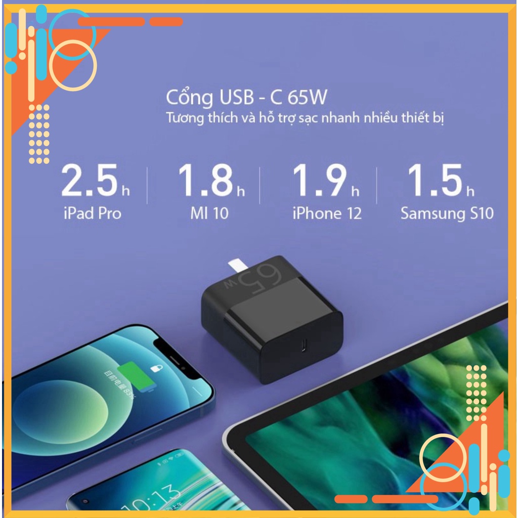 SIÊU SALE Củ sạc nhanh PD 65W cổng USB-C, Hỗ trợ sạc Macbook, iPad, iPhone, Máy tính xách tay SIÊU SALE