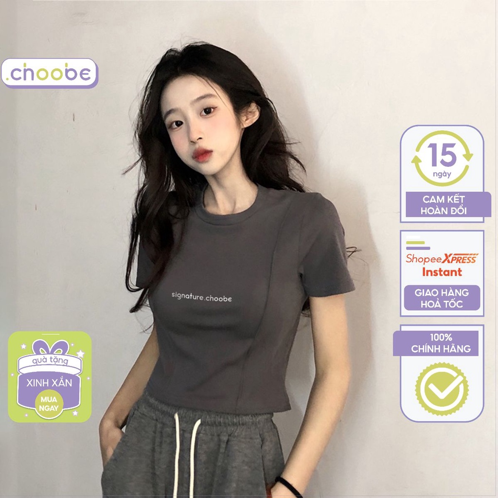 Áo phông nữ Choobe dáng lửng in chữ cổ tròn vải cotton form suông cộc tay co giãn thun thoáng mát A52