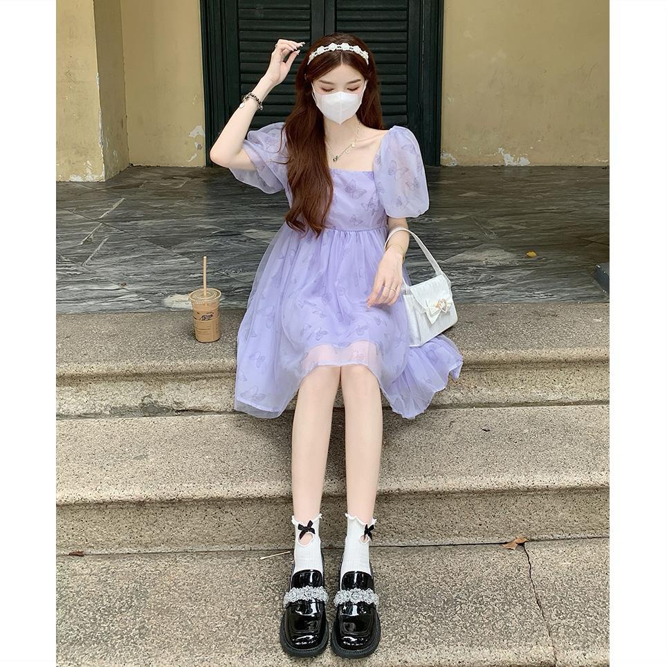 Váy babydoll Đầm Eo Cao Cổ Vuông Tay Phồng Phong Cách Phương Tây Thời Trang Mùa Hè 2022 Mới