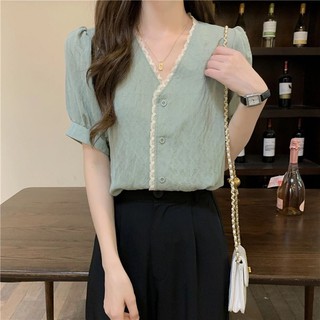Áo sơ mi thiết kế cổ V tay bồng,  sơ mi công sở 2021 sơ mi trang trọng