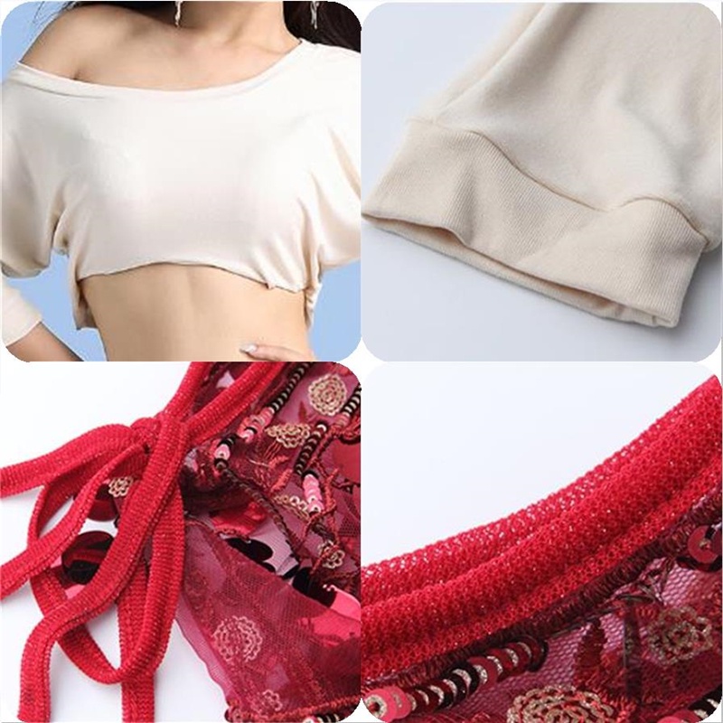 Qsucua Bộ Trang Phục Múa Bụng Tay Cánh Dơi Phối Tua Rua Đính Kim Sa Lấp Lánh Cho Nữ