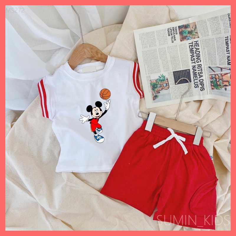 Set thể thao 3 lỗ bé trai - Thời trang trẻ em Sumin Kids -  Bộ mặc hè bóng rổ họa tiết mickey 2 màu Xanh và Đỏ