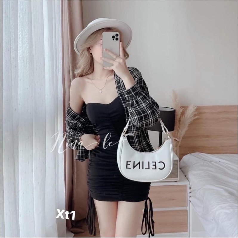 set áo sơ mi kẻ đen trắng và đầm xích rút dây/ set áo và đầm thời trang