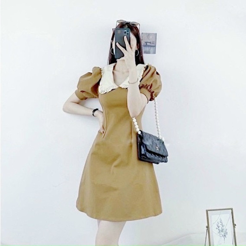 Đầm váy kem phối cổ bèo trắng