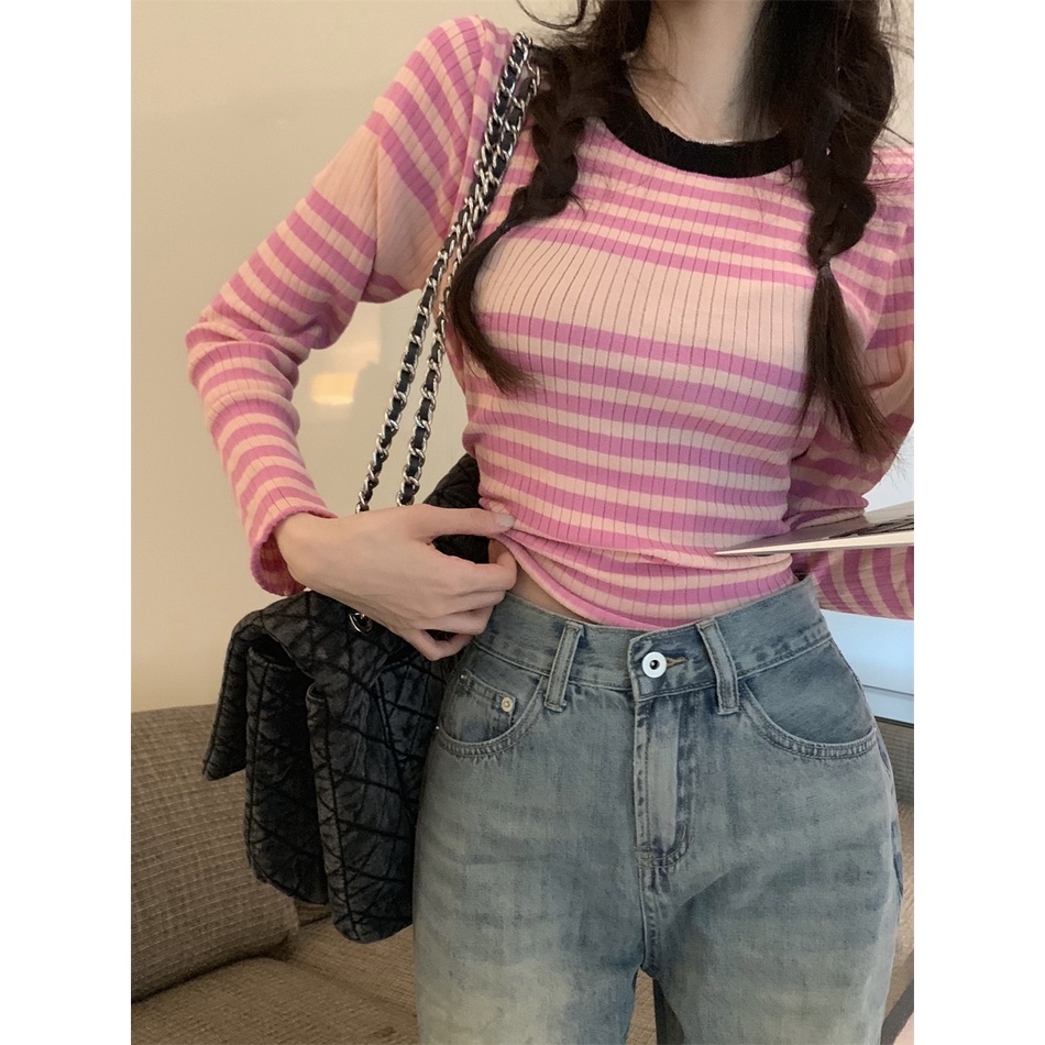 Áo ZHELIHANGFEI dệt kim tay dài họa tiết sọc thời trang phong cách