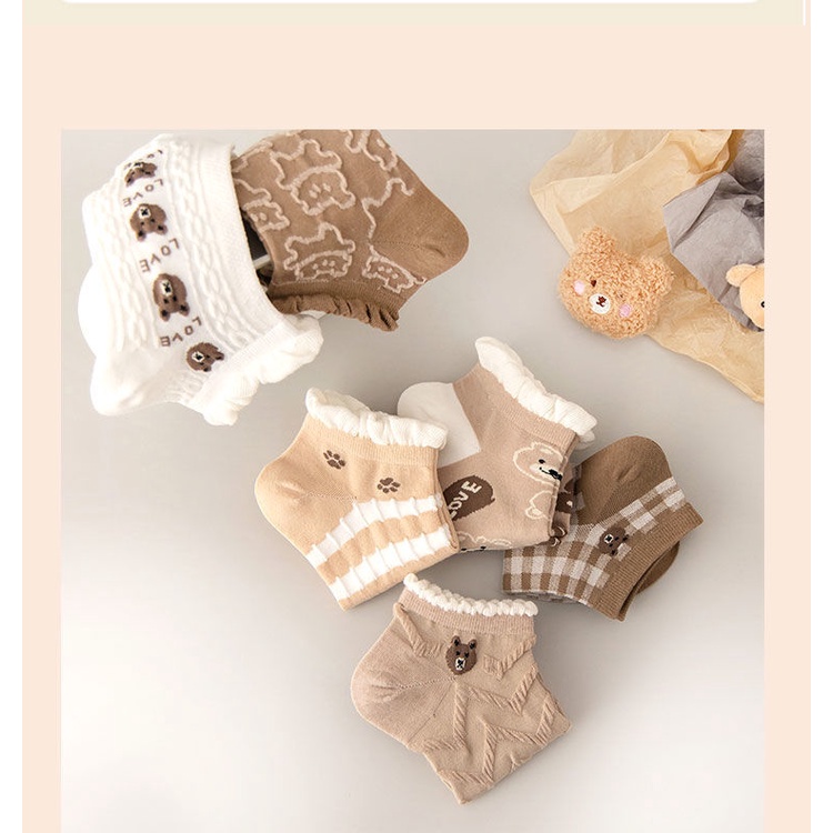 Tất Vớ Nữ Cổ Ngắn Gấu, Vớ Nữ Màu Nâu Nhún Bèo Cotton Dễ Thương - Subo Shop