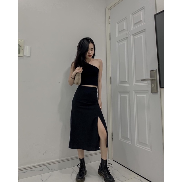 Chân váy dài xẻ tà chất lụa