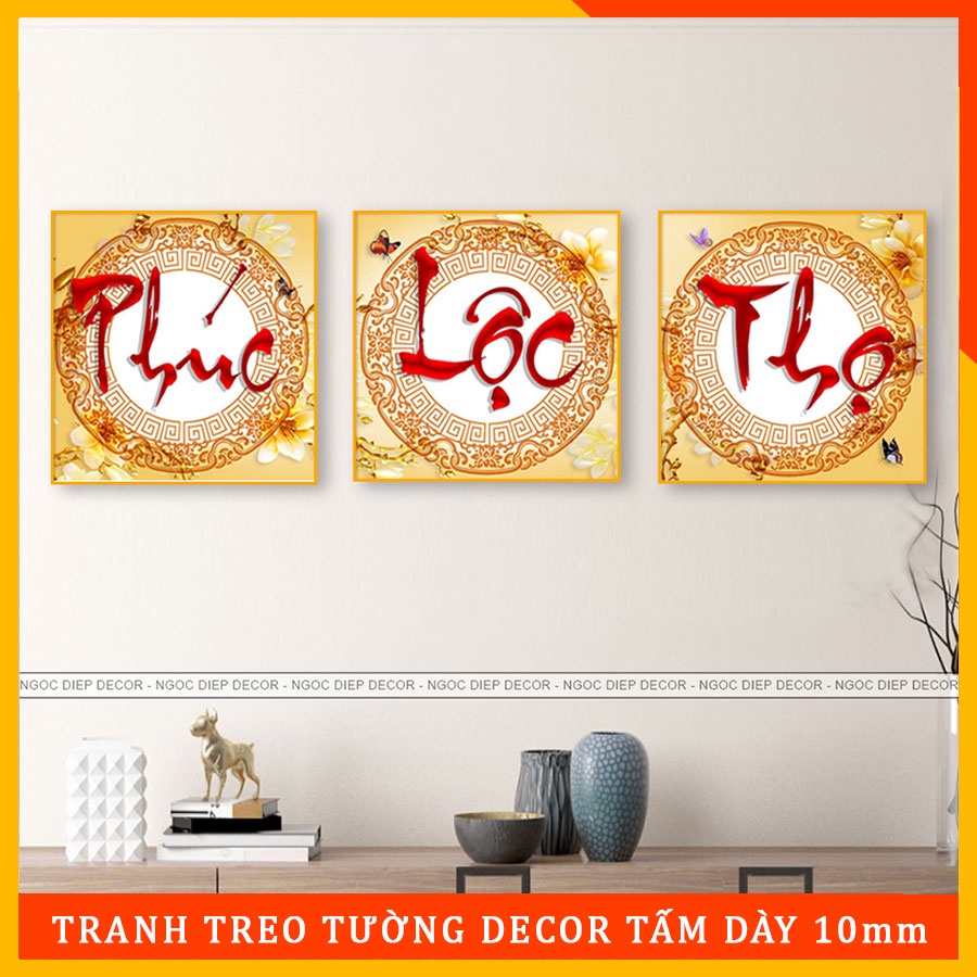 Tranh Dán Tường Phúc Lộc Thọ 3D, in trên gỗ nhựa dày 3mm, chống ẩm mốc, kèm băng dính xốp