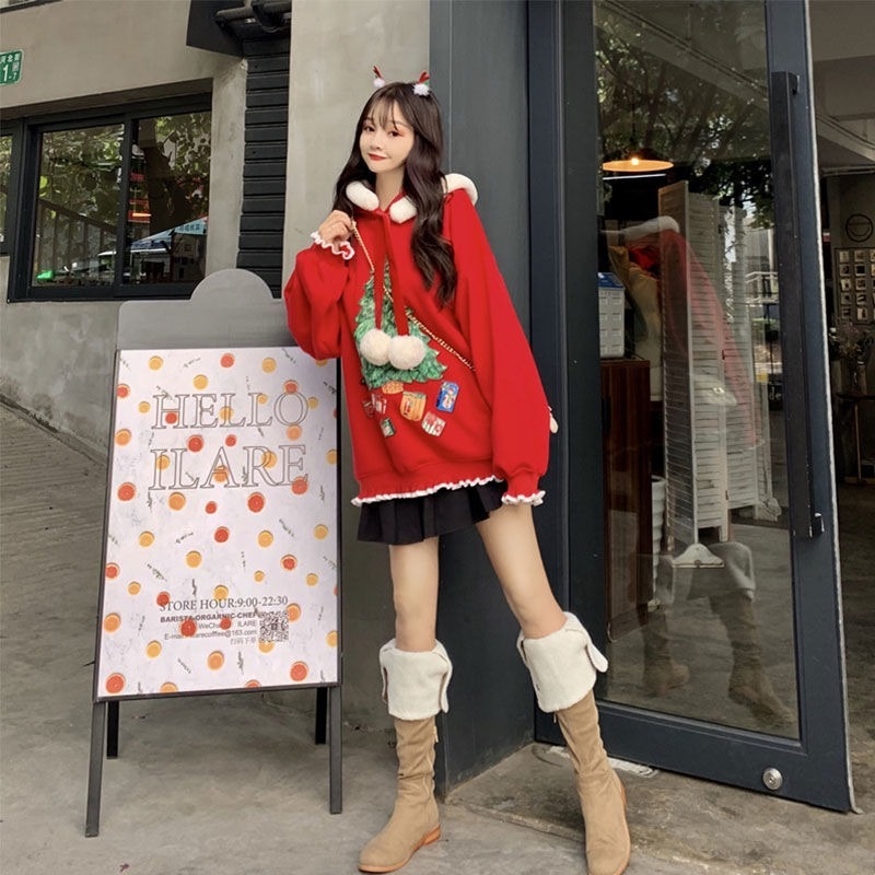 Áo hoodie lót nhung tay dài họa tiết giáng sinh dễ thương