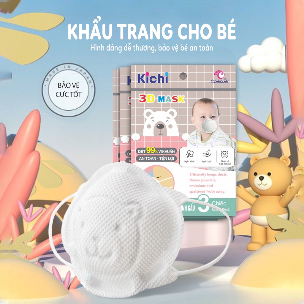 Khẩu trang trẻ em Kichilachi hình gấu set 3 chiếc chống bụi, có thể tái sử dụng - MINIBOO