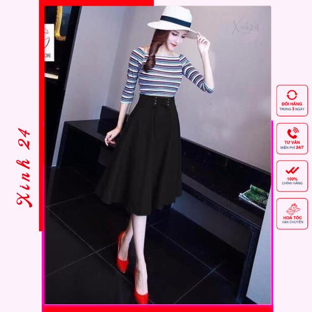 Chân váy xòe vintage nút trước thiết kế kiểu dáng tiểu thư form chuẩn | BigBuy360 - bigbuy360.vn