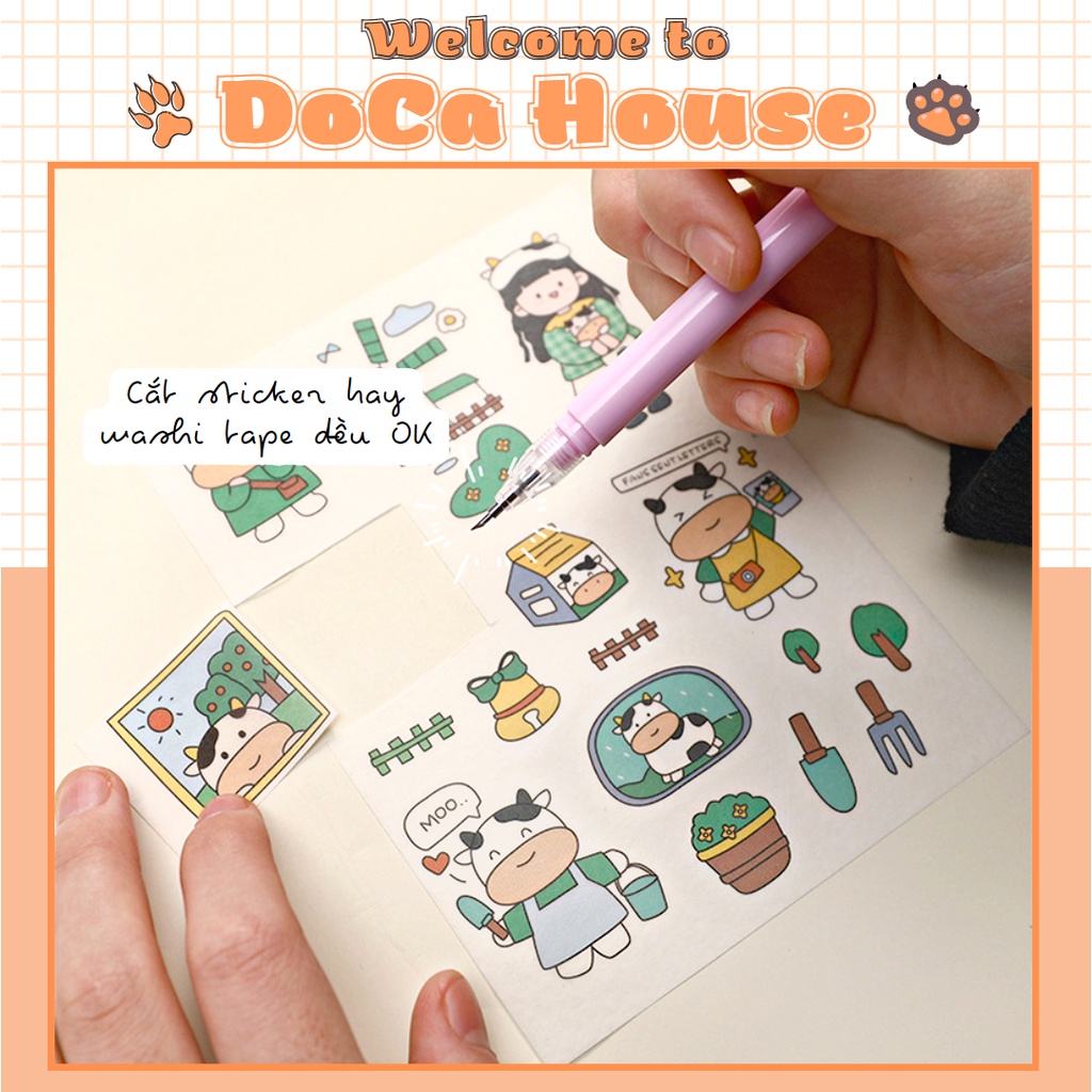 Bút gel mực đen + dao cắt sticker washi tape 2 đầu, bút unbox màu pastel đơn giản dễ thương