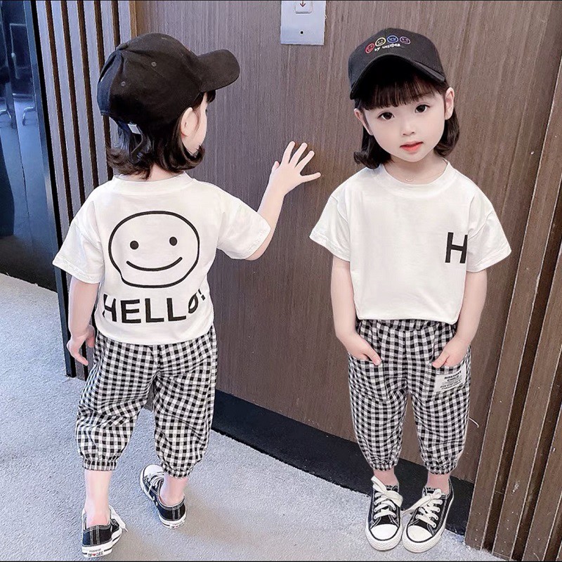 Bộ đồ bé gái Con Xinh cotton Hello, set quần áo trẻ em từ 5 đến 14 tuổi