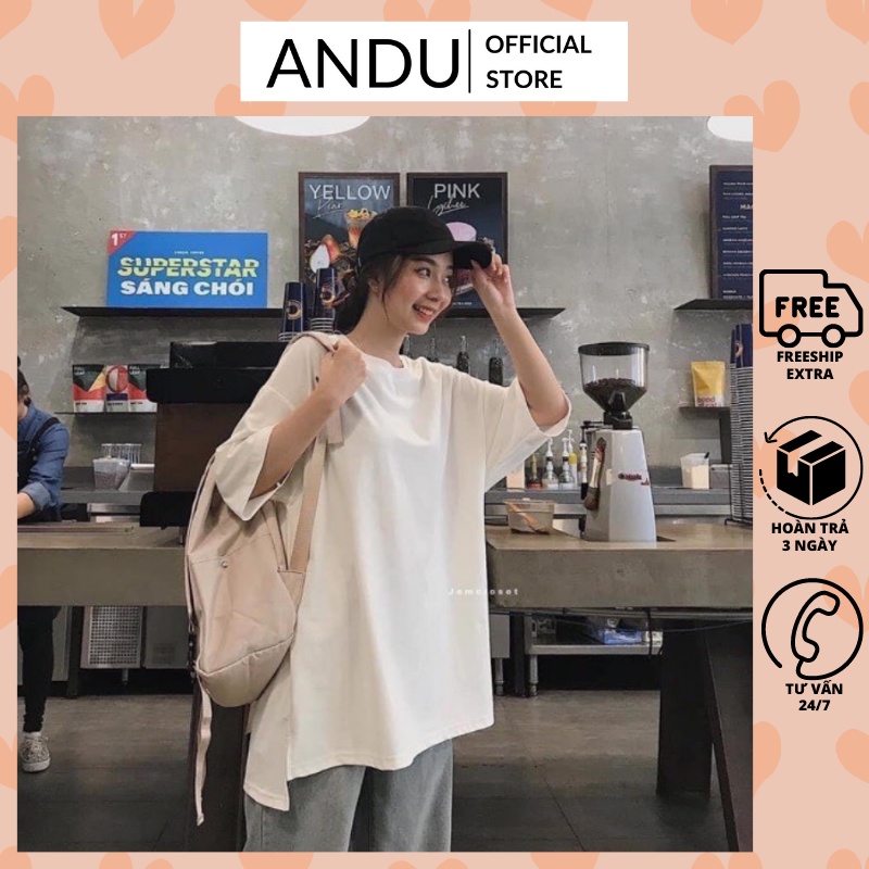 Áo thun unisex xẻ tà cổ tròn tay lỡ nhiều màu oversize, áo phông trơn cá tính Andushop