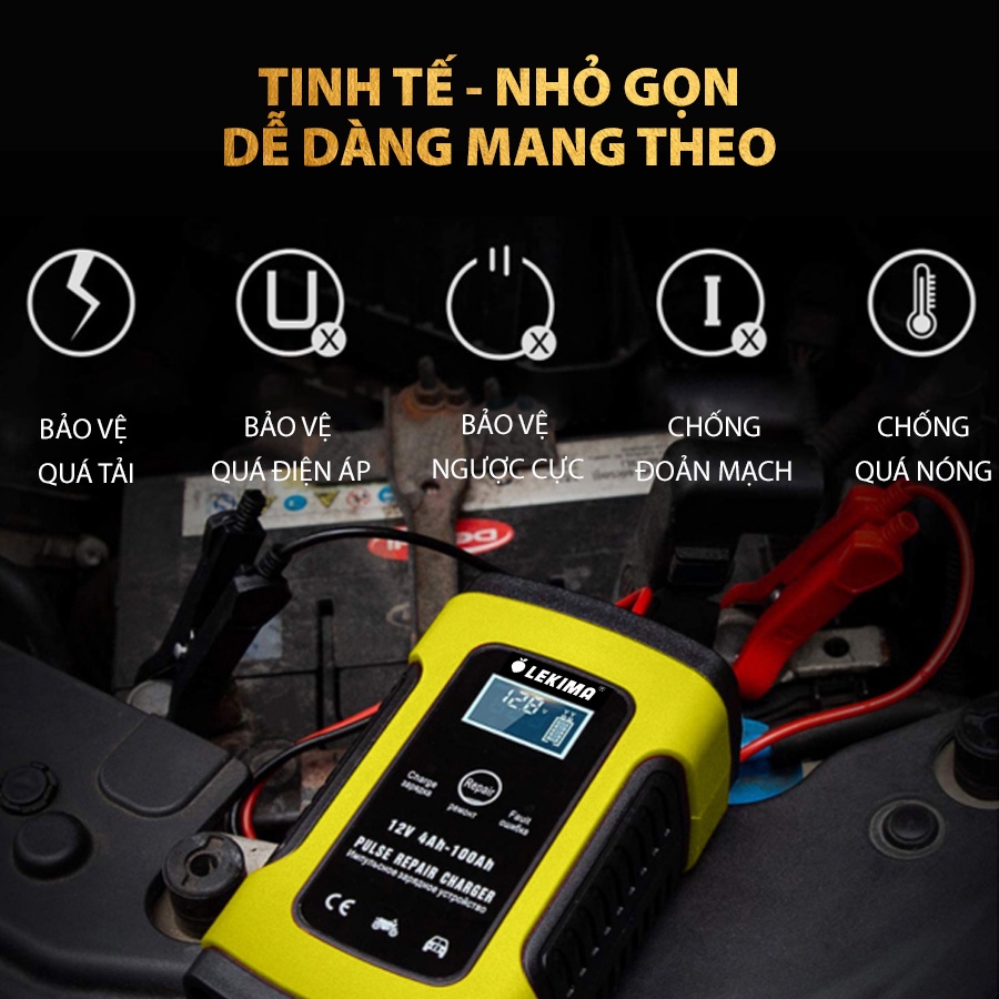 Bộ Sạc Acquy, Máy Sạc Ắc Quy LEKIMA 12V 5A Kèm Phục Hồi Bình, Sạc Bình Acquy, Tự Ngắt Khi Đầy, Khử Sunfat