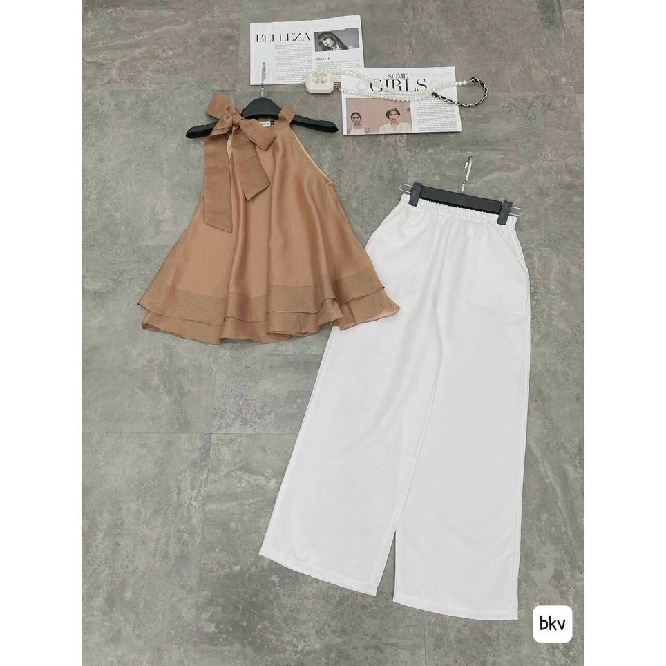 Set áo tơ mix quần ống suông